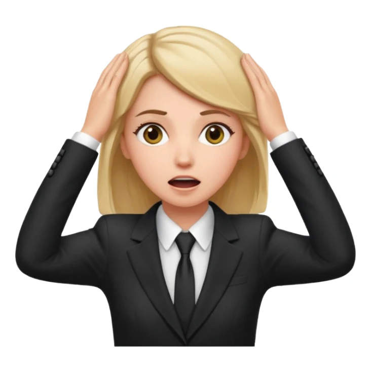 white girl in formal suit surprised, hands on head sticker