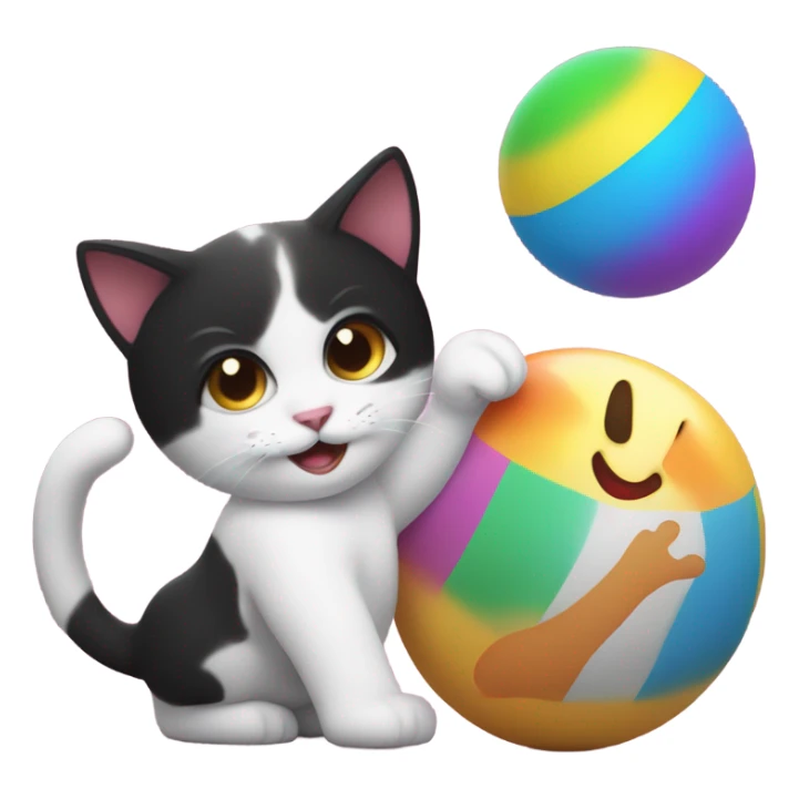 A baby is playing with a black and white cat with a ball sticker
