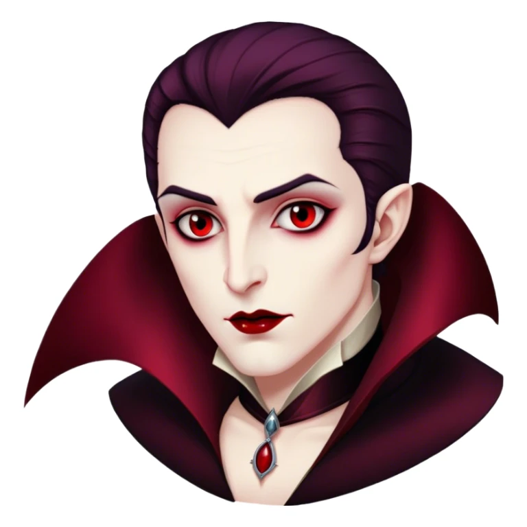 Cinematic Noble Vampire Portrait Emoji, Elegant and commanding, with a refined, pale visage framed by dark, velvet accents and a hint of crimson, exuding timeless seduction and dangerous allure, simplified yet exquisitely detailed, glowing with a soft nocturnal radiance and a subtle, mysterious outline that captures the regal spirit of an immortal lord of the night! sticker