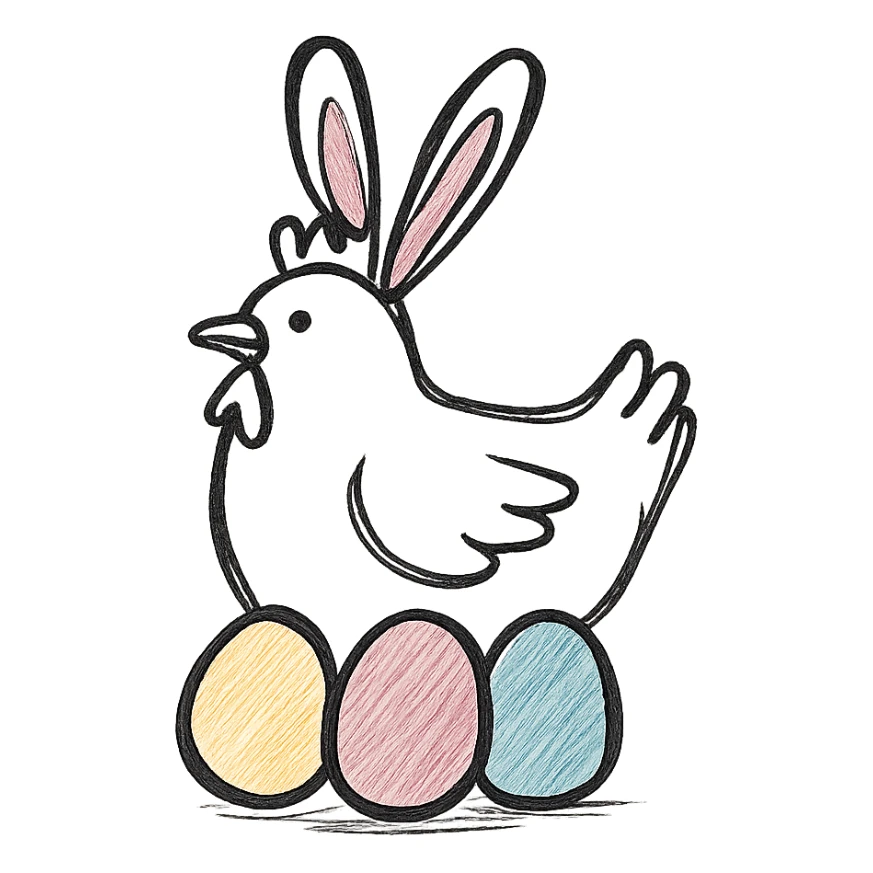 a white hen with pink bunny ears and colourful eggs, hand drawn black outline style sticker