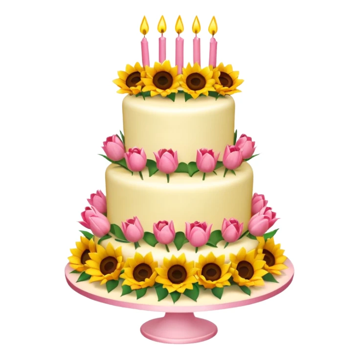 A large three teir cake with first mayer decorated with roses, second with Sunflowers and third with Tulips and Happy Birthday Dear written on top. sticker
