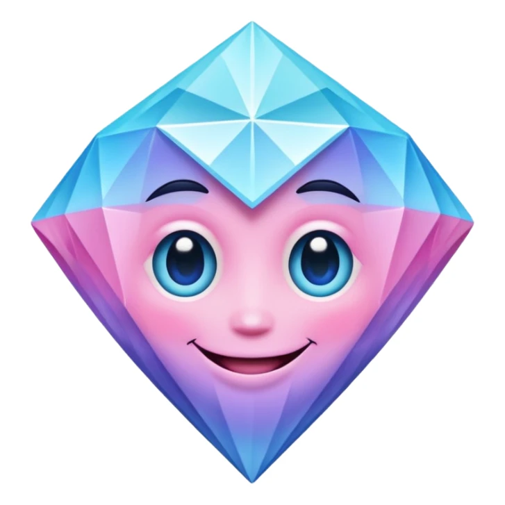 A cheerful diamond logo with a black outline and a smiling face, set against a pastel gradient of pink, blue, and lavender. Smaller diamonds surround it, forming a larger diamond pattern. Playful yet sleek, perfect for branding, digital media, or a fun, eye-catching emblem. sticker