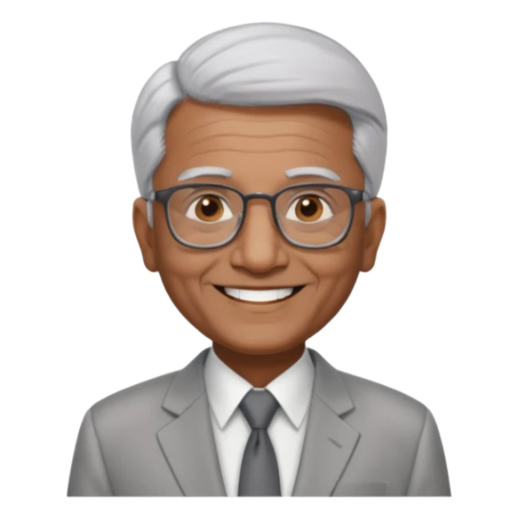 70 yr old indian man, short straight white hair brushed back, light grey business suit, big smile, dark brown skin, no moustache, dark brown eyes, glasses
 sticker