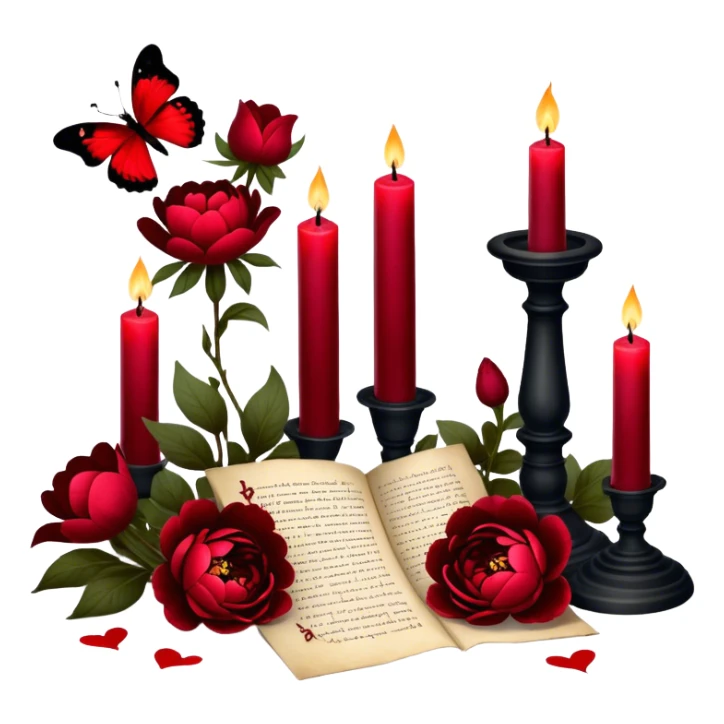 A mystical still life with blood-red candles casting flickering shadows over scattered love letters, their ink smudged with passion. Crimson butterflies rest on blackened crosses, while lush red peonies and pansies bloom in the dim candlelight. sticker