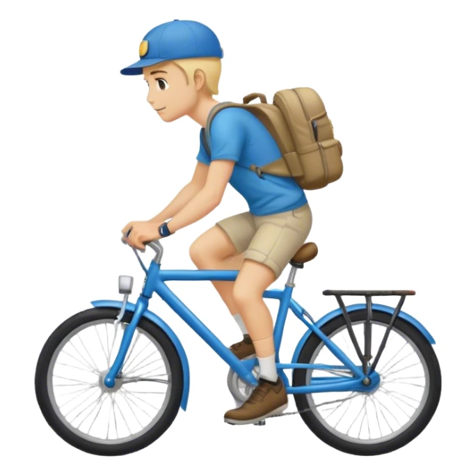 A blond guy in a cap and with a backpack on his back rides a blue bike sticker