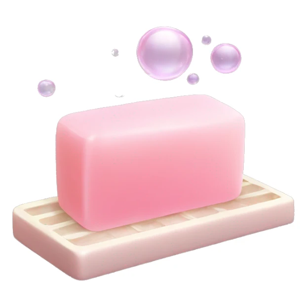 Light pink soap bar sitting on a soap holder, with soap bubbles  sticker