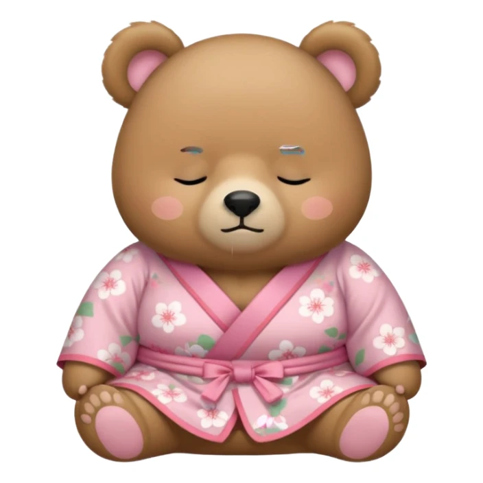 A cute chubby light-brown bear wearing a pastel pink sakura-patterned kimono, body and round head, adorable simple face, sleepy half-closed eyes, small blush on cheeks, sitting while dozing off, tiny “zzz” floating above the head sticker