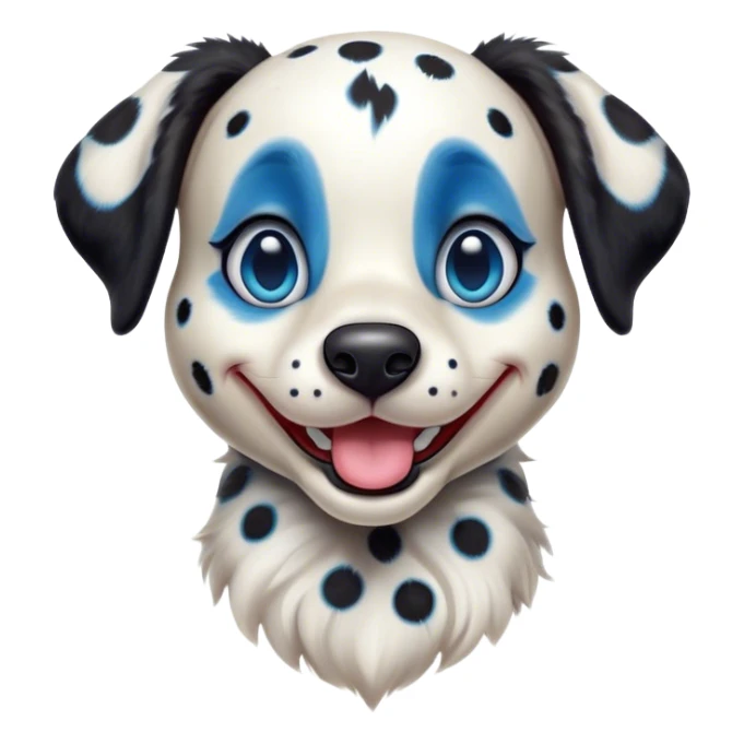 Cinematic Comical Harlequin Dalmatian Portrait Emoji, Head tilted dramatically with an exaggeratedly shocked or amused expression, featuring a striking Fur of predominantly white with vivid black patches, wide, expressive blue eyes filled with playful disbelief, Simplified yet hilariously expressive features, highly detailed, glowing with a slightly sassy glow, high shine, dramatic yet playful, stylized with an air of cheeky charm, bright and endearing, soft glowing outline, capturing the essence of a spirited and over-the-top guardian, so meme-worthy it feels like it could side-eye its way into internet fame instantly! sticker