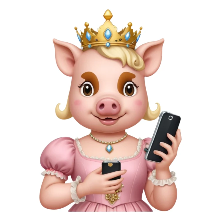 Pig princess in rococo finery holding a cell phone sticker