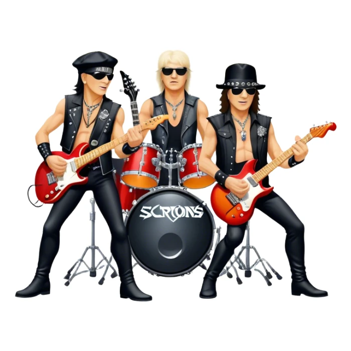 Icon for Rock Music: Scorpions live concert on stage with electric guitars, drums, and a powerful spotlight. Klaus Meine at the microphone, Rudolf Schenker and Matthias Jabs playing guitars, dynamic stage presence, and electric energy. Transparent background. sticker