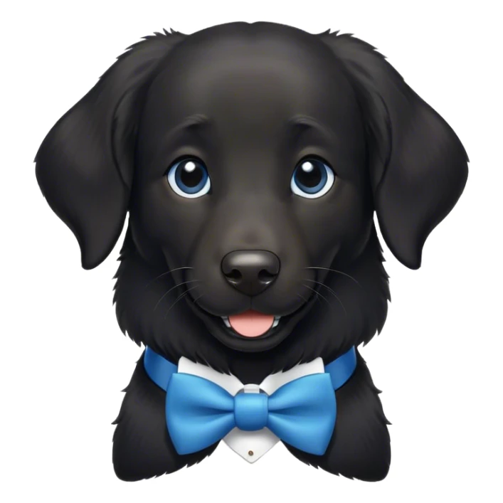 Black, flat-coated retriever, smooth fur with subtly fluffy ears, smiling face, small bit of white in her chest, blue bow tie  sticker