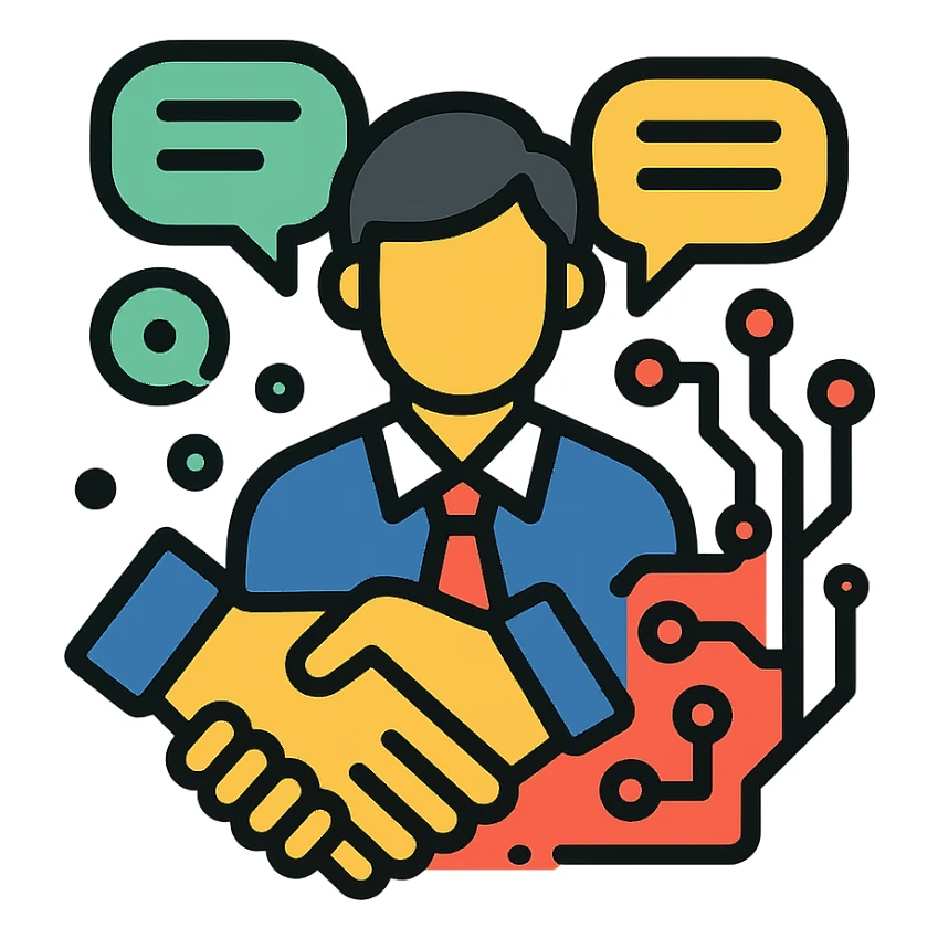 community icon for managers in the AI Era, with chat bubbles, a handshake, and subtle tech motifs like circuit patterns, friendly and professional style sticker