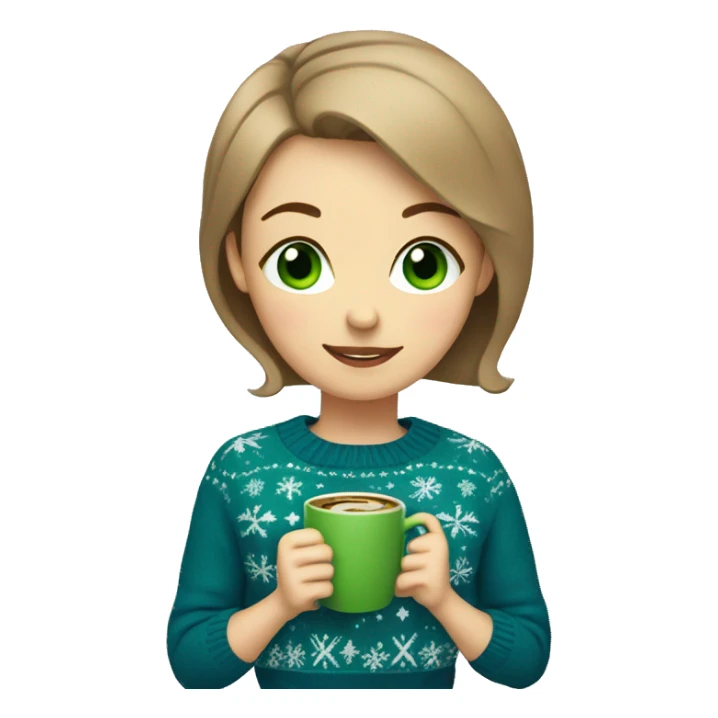 Light brown short haired girl with green eyes drinking coffee wearing blue Christmas sweater sticker