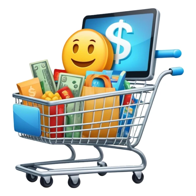 Create a sleek and dynamic emoji that represents a sales system. It should feature a shopping cart (🛒) overflowing with products, a glowing dollar sign (💰) beside it, and a computer screen displaying a checkout page. The design should have modern, minimalist elements with subtle animations or glowing highlights to emphasize the flow of the sales process. Make the colors vibrant and engaging, with a clean, professional look sticker