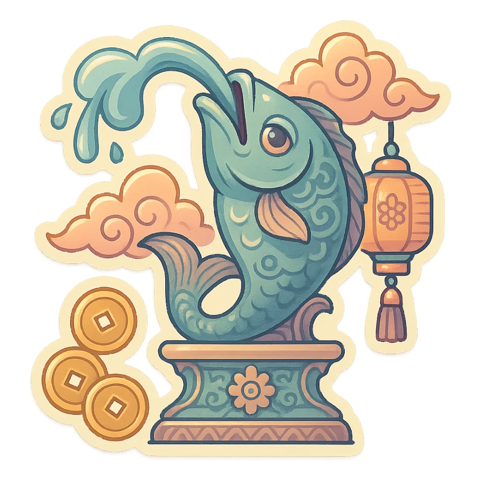 elongated fountain shaped like a serious fish with a water stream flowing from its mouth, retro-stickers style, eastern decor with patterns, clouds, coins, lanterns, detailed drawing with shadows and highlights, thin clean contours, soft rounded shapes, pastel palette #98B5BC, #B5B3C1, #C9A3C9, #E4C0CA, #F7DCD1, #F7C0AA, modern Japanese pop art, soft lighting, transparent background sticker
