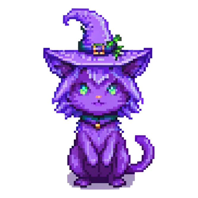purple witch cat, pixel art style, full body, facing backward sticker