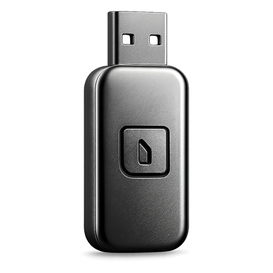 minimalist logo on a sleek metallic USB drive, modern branding gadget sticker