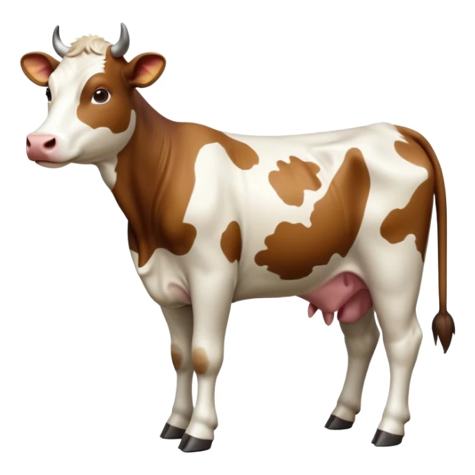cinematic-[brown and white cow]-realistic-full-body-standing-emoji,-tail-flicking-lazily,-head-tilted-dramatically,-sleek-[brown and white]-coat,-simplified-yet-realistic-focused-features,-highly-detailed,-glowing-with-an-almost-sarcastic-glow sticker