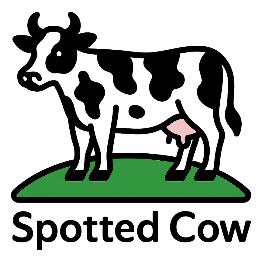 Change the cow on the stylized New Glarus Spotted Cow beer label to black and white, keep the green field and 'Spotted Cow' text, no background. sticker