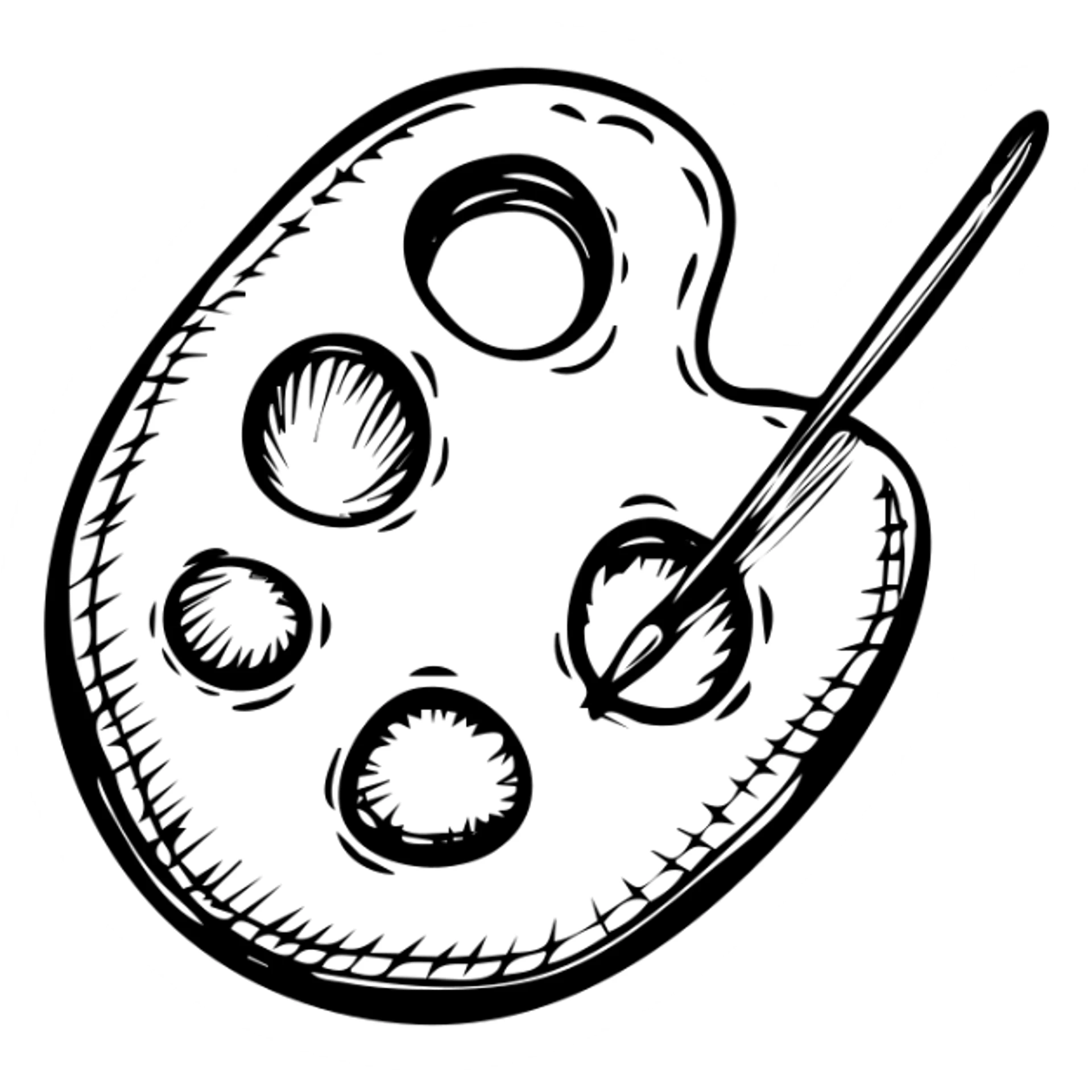 Detailed artist's palette with paint blobs and palette holes. Hand-drawn icon style with transparent background. sticker