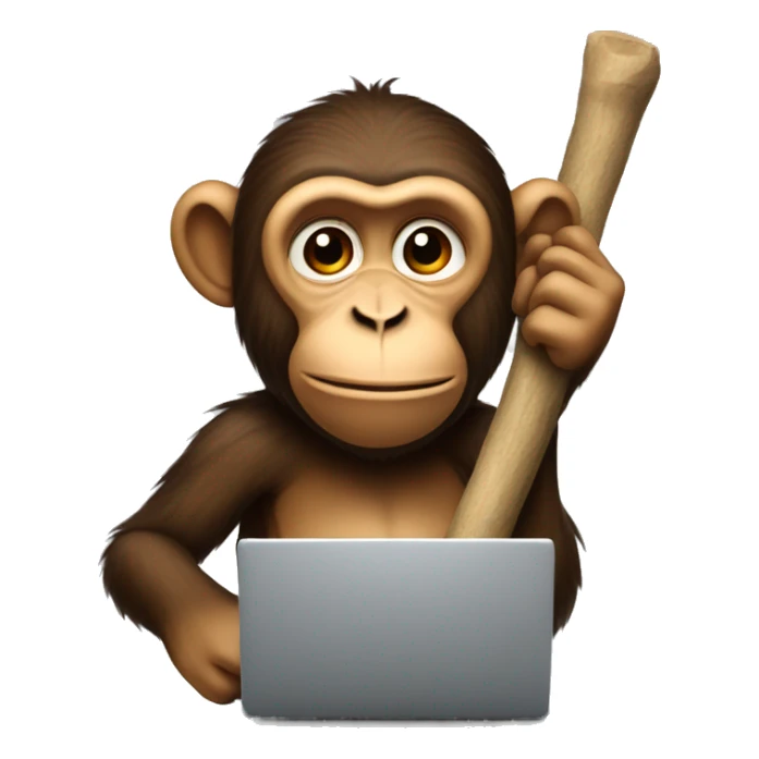 A monkey with a stick in his left hand and a laptop in his right sticker