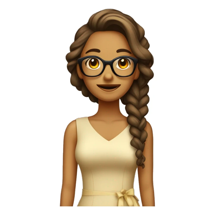 Chica con pelo castaño rizado longitud mediana. Con gafas beige. Sonriente y con vestido amarillo con dibujos de piñas. sticker