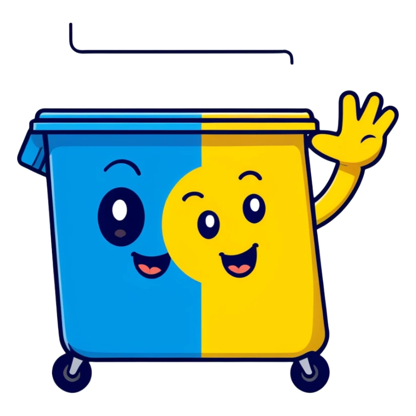 cartoon blue bin with a happy face, waving and saying hi sticker
