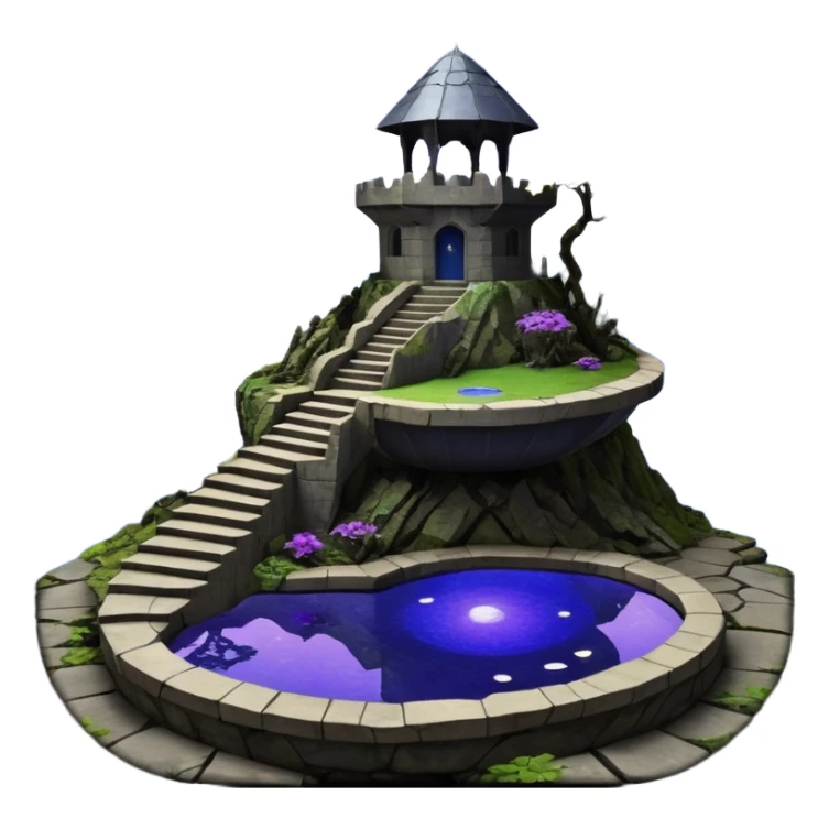 Crashed Alien saucer pool-castle jungle winding staircase lakeside mountainside-island getaway haunted nighttime landscape antique mudman very old broken cracked intricate Stone Age lapis-crusted irregular dodecagon-shaped shallow dark moss rough bark violet flowered maple tree bonsai sticker