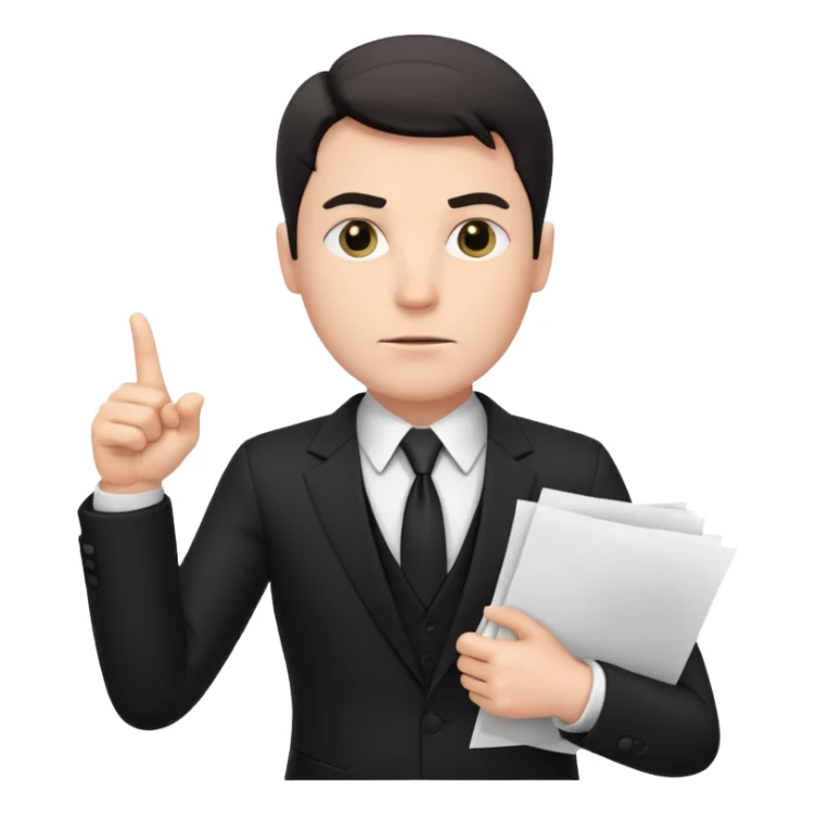 A white man in a black suit stands with a serious face and points at his hand holding papers. sticker