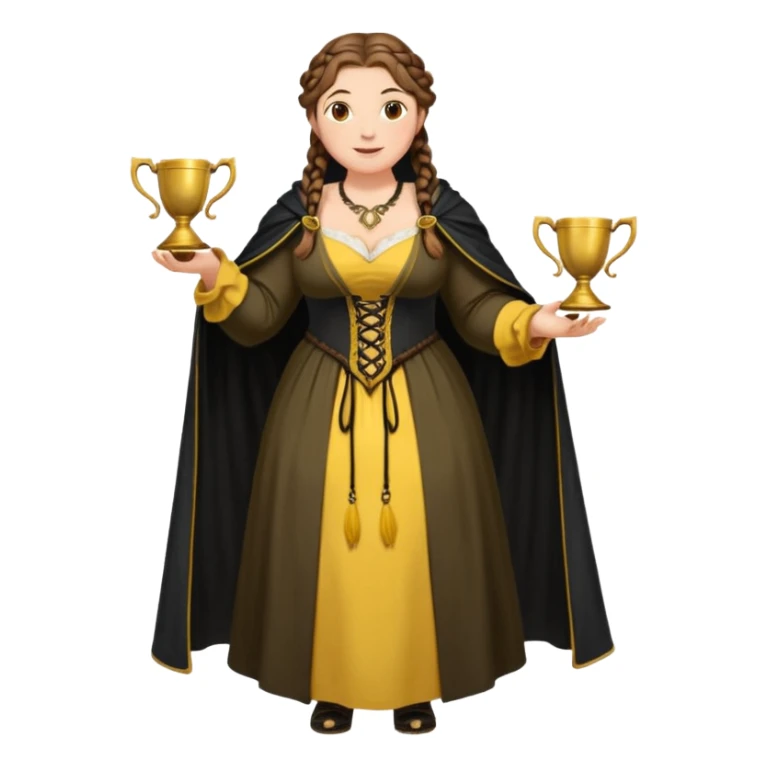 Helga Hufflepuff,brown-haired,2 braids,yellow-black medieval open dress,deep neckline,fat macromastia,black cloak decorated with gold braiding,gold cup with two handles,very kind smile,curvy busty sweet woman,round rosy cheeks,full length with medieval shoes sticker