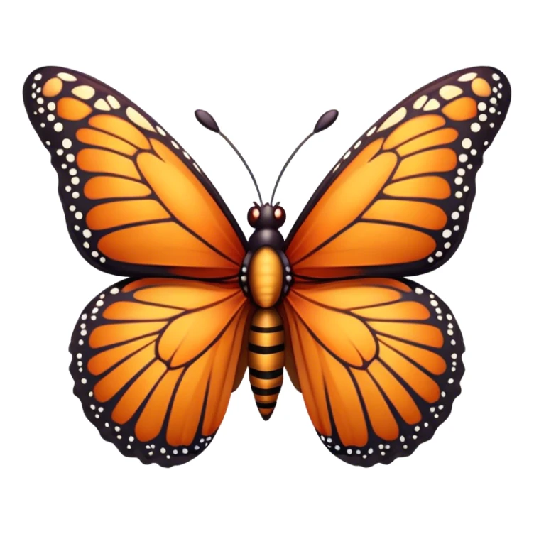 Cinematic Realistic Cute monarch Butterfly Portrait Emoji, Head tilted playfully and inquisitively, featuring vibrantly patterned ruby wings with intricate detailing and a charming, petite body with round, sparkling eyes full of warm curiosity, rendered with lifelike precision and natural highlights, high shine, affectionate and spirited, styled with a touch of whimsical garden delight, soft glowing outline, capturing the essence of a mischievous yet lovable monarch butterfly that seems poised to flutter playfully into your arms! sticker