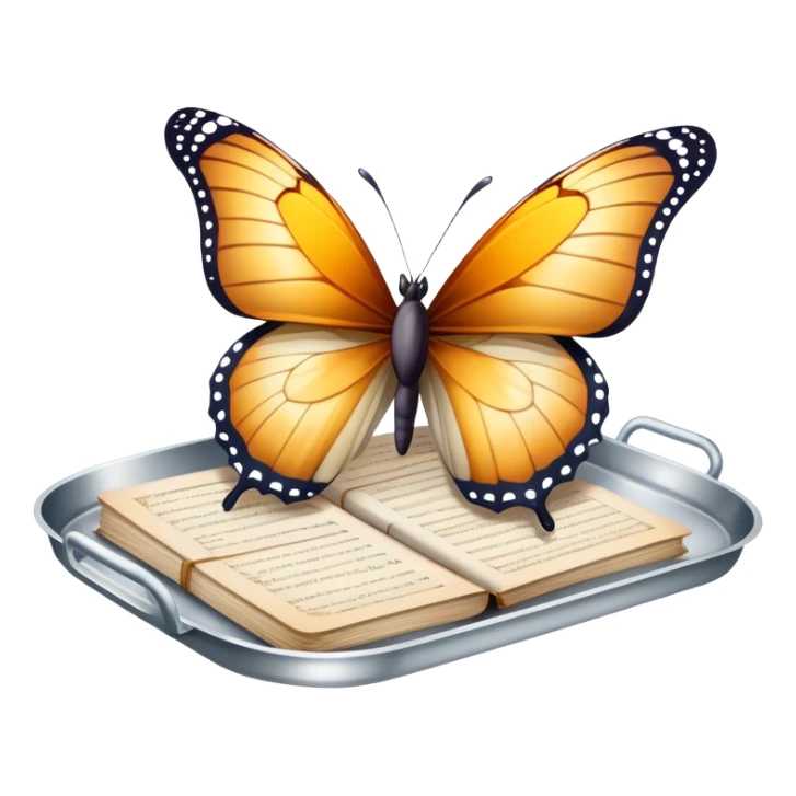 A butterfly balanced on a silver tray of old letters.
 sticker