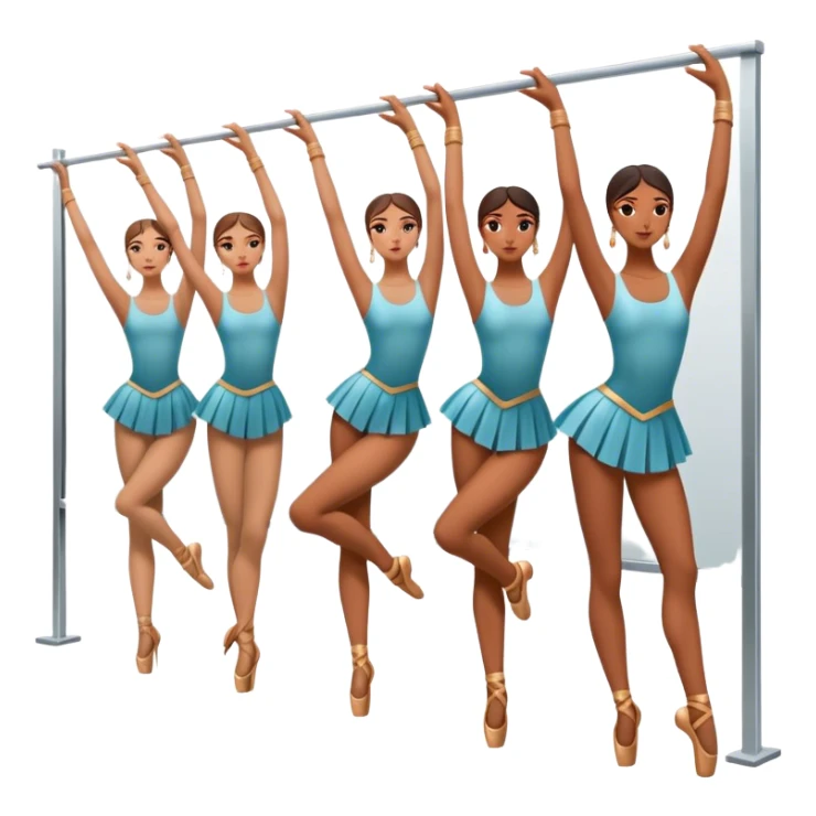 Icon for Choreography: a group of dancers in identical poses, standing by a wall with all wall long mirror, holding a long barre with one hand. The icon should capture the discipline and synchronized movement of dance training. Transparent background. sticker