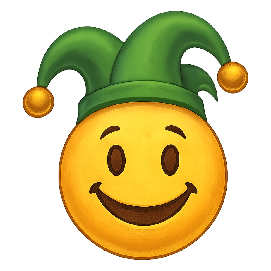 yellow face with green jester hat emoji, digital illustration, no background sticker