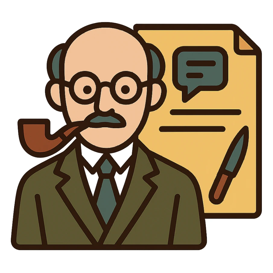 minimalistic icon of a refined scholarly professor with glasses, pipe, elegant suit, exuding intellectual authority and respect, atop a sleek document background with subtle AI messaging interface cues, scalpel motif subtly integrated, vintage European university color palette, evokes technical precision and scholarly elegance sticker