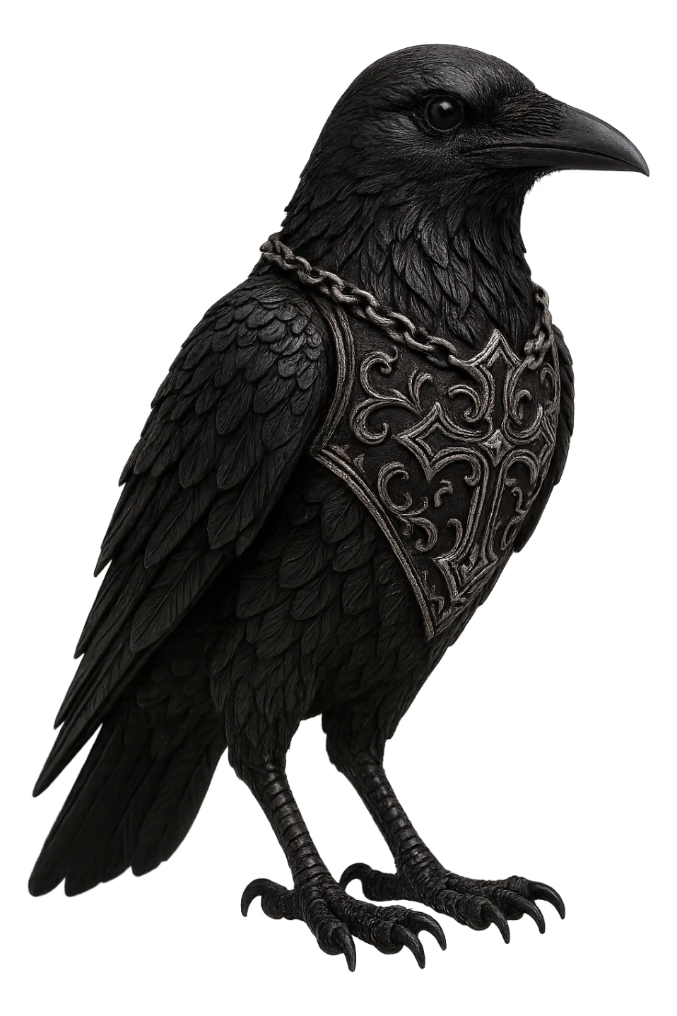 gothic raven figurine, black with silver accents, no background sticker