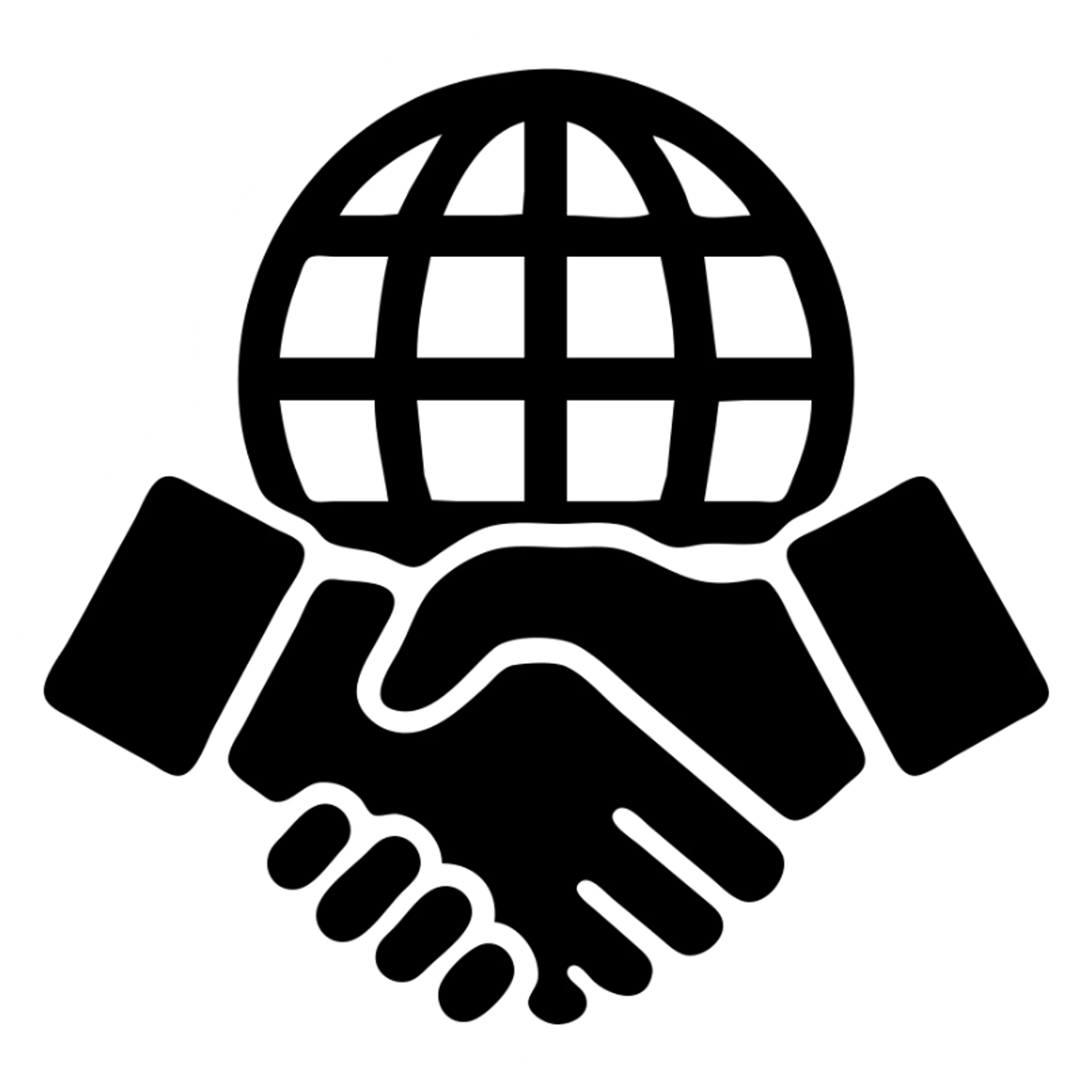 International partners icon, handshake in front of a globe, black filled style, variation 2 sticker