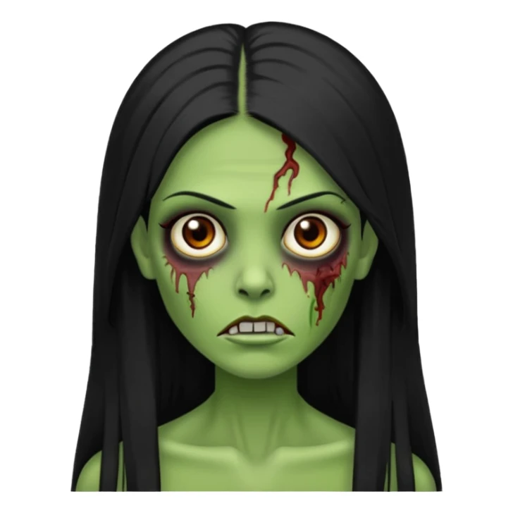 Faça uma zombie verde mulher com cabelos preto, liso e grande de olhos castanhos  sticker