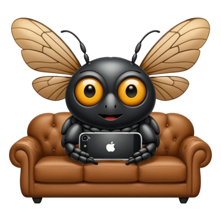 Black Cicada cartoon style with black shiny round eyes watching on a phone sit on a brown sofa  sticker