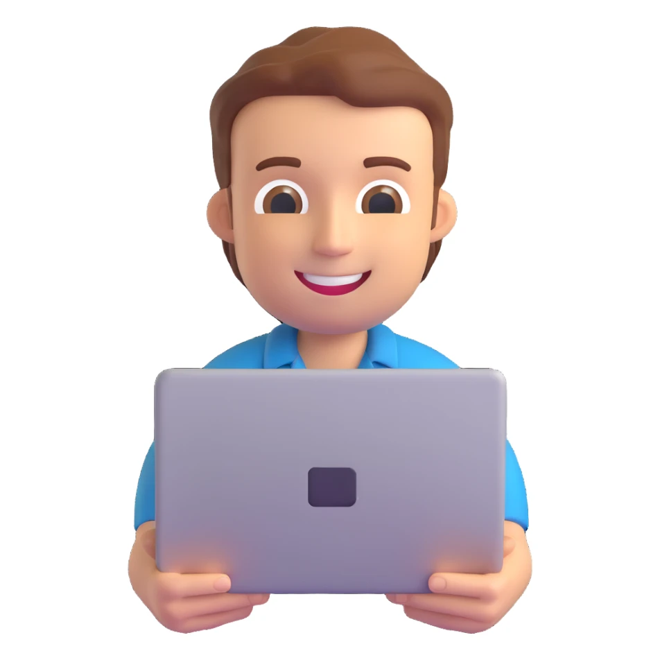 programmer smiling, holding laptop, 3D emoji style, bright colors, simple background sticker