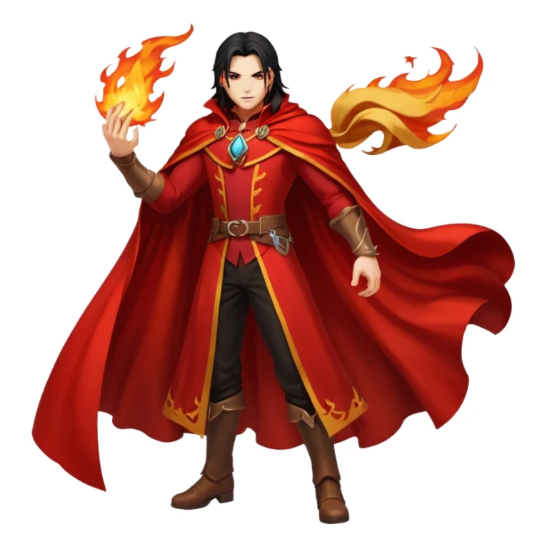 Vincent Valentine from Final Fantasy 7, full body, standing pose, red cape flowing, golden claw, fire swirling around sticker