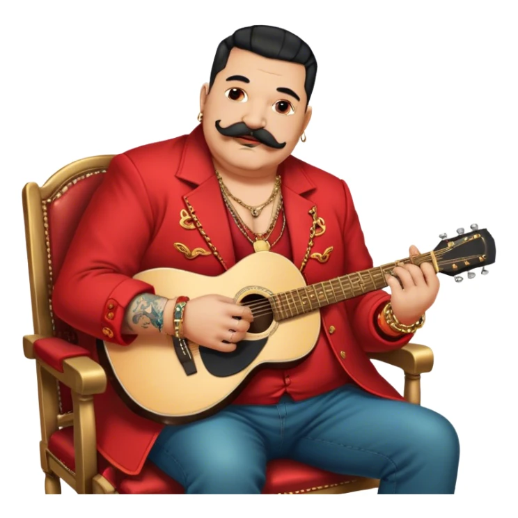 Icon for Chanson: Old fat chanson singer with tattoos and moustache, red jacket, gold chains and braslettes, sitting on a chair with an acoustic guitar. The atmosphere should reflect a nostalgic, soulful vibe with vintage elements. Transparent background. sticker