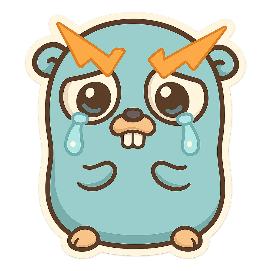 sad Traefik and Go (Golang) gopher logo combined, expressive, simple, iconic, cartoon style, clear emotion sticker