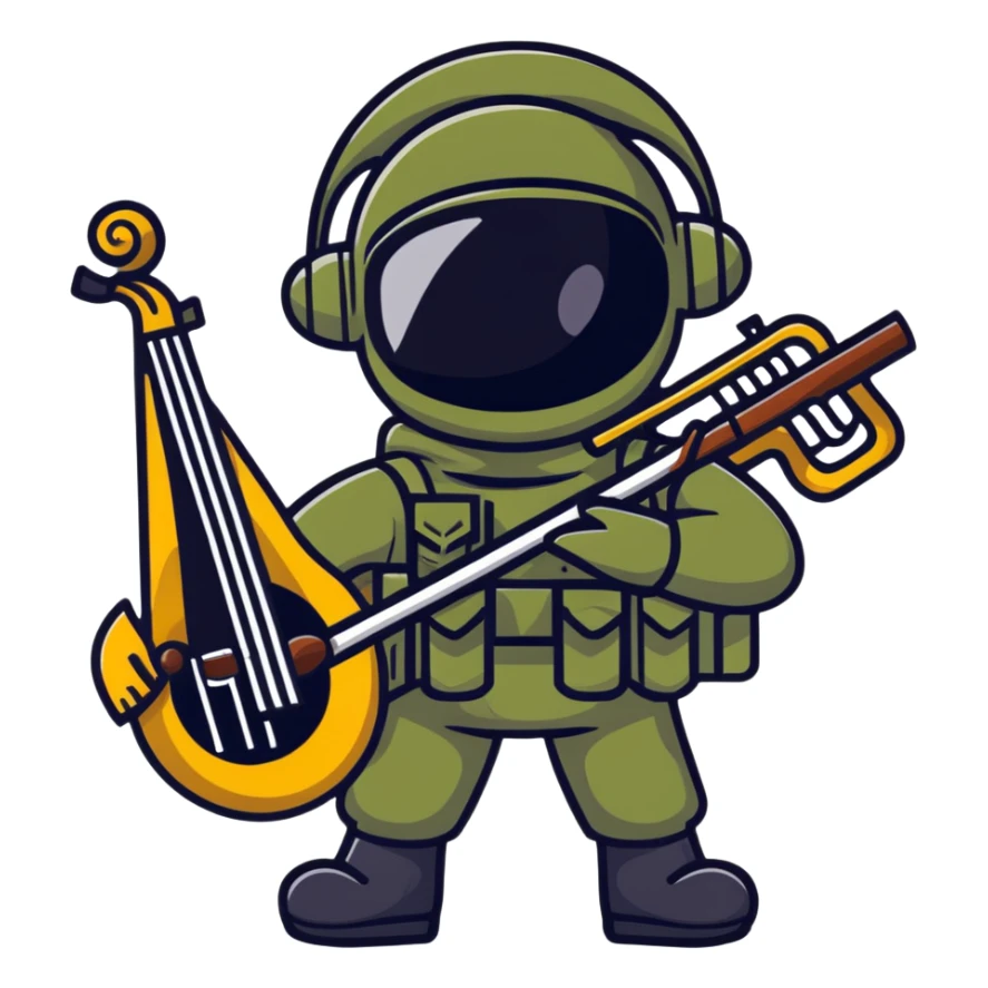 soul soldier character with musical instruments and military-inspired outfit sticker