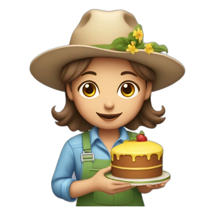 girl gardener in a hat with a cake sticker