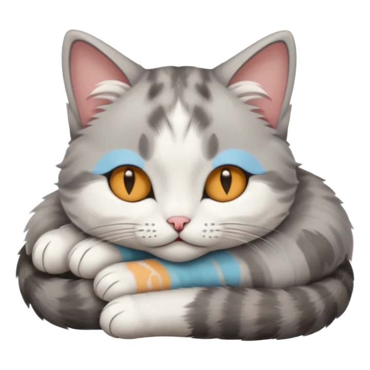 grey and white small cat with its eyes closed lying down with his head leaning on his paw sticker