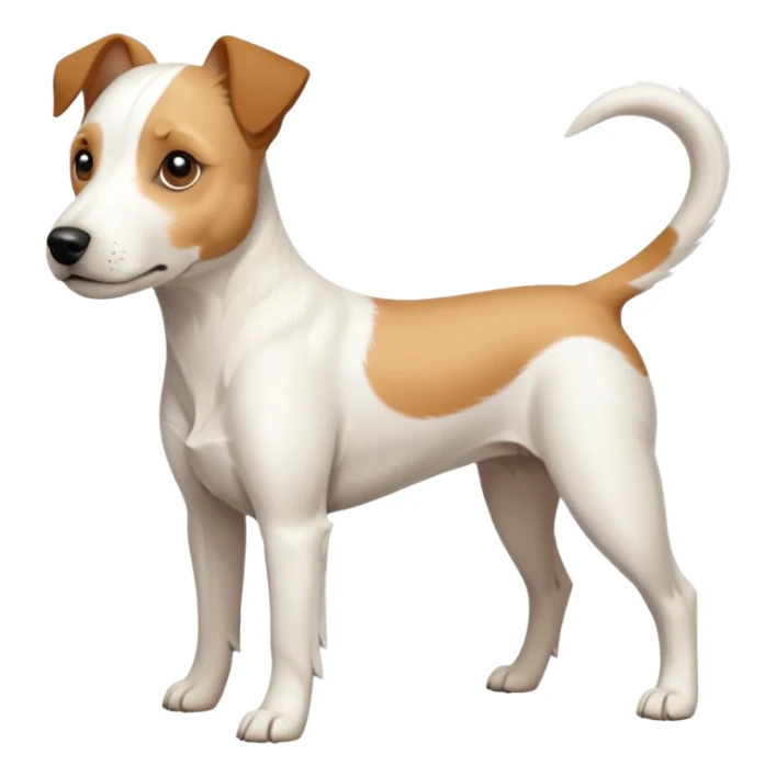 a full body facing front on of a buff white parson russell terrier looking dog the size of a kelpie with light brown long ears and a light brown patch on one eye and a large snout. the rest of the dog is completely white.  sticker