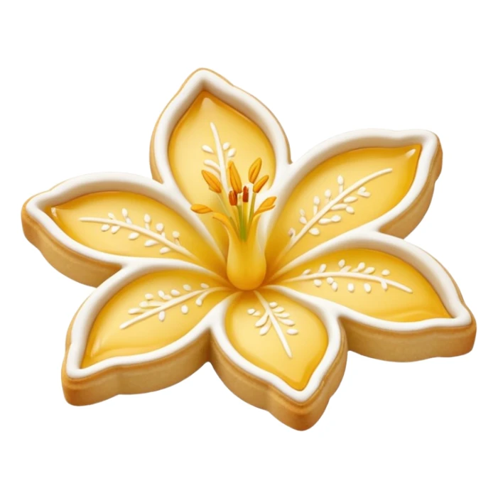 Realistic shortbread cookie in the shape of a lily flower with pastel yellow color jelly middle filling and sprinkled powder sugar on top. sticker