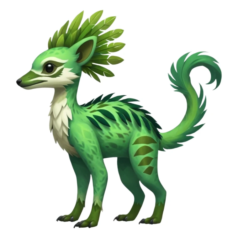  Tropical feathery shamanic cultural Greenish beautiful handsome gorgeous aesthetic colorful vibrant Vernid-Trico-species-Fakemon-creature by LiLaiRa, 4 legs, 1 tail, random markings, (full body) sticker