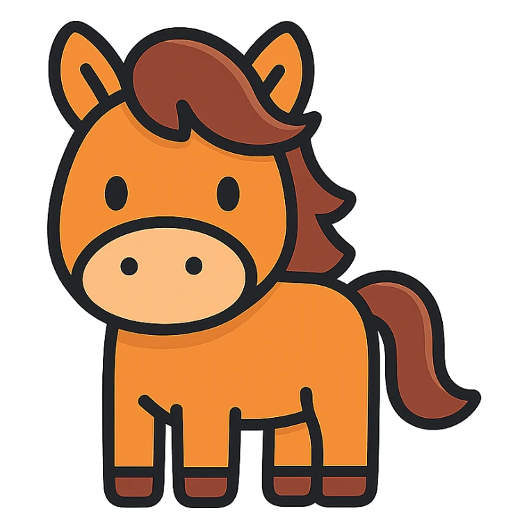 cute cartoon horse icon, rounded shapes, friendly expression, flowing mane, modern icon style sticker